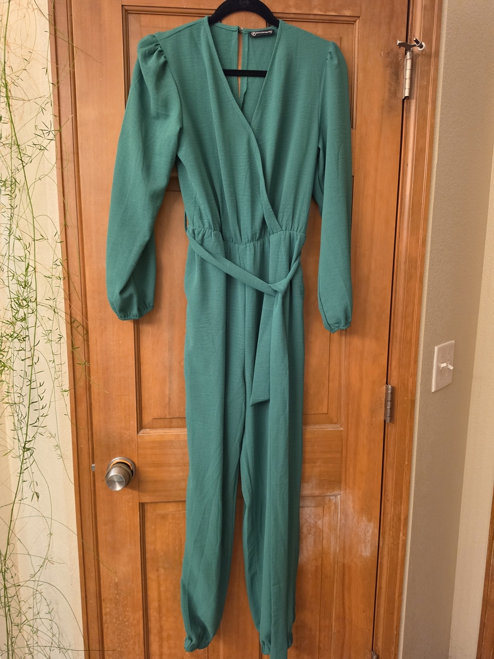 Green Wrap-Front Jumpsuit with Tie Belt